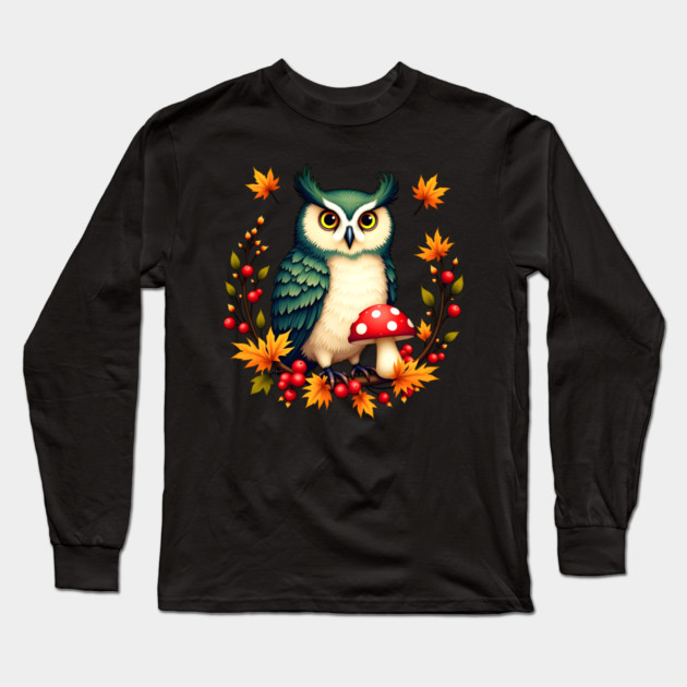 Fall Owl with Mushrooms and Colorful Leaves Long Sleeve T-Shirt by BirdsnStuff