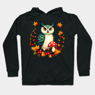 Fall Owl with Mushrooms and Colorful Leaves Hoodie
