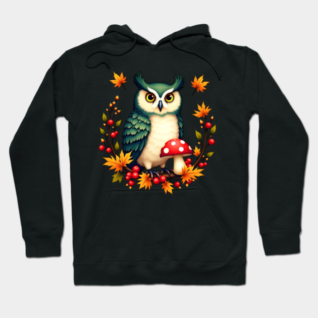 Fall Owl with Mushrooms and Colorful Leaves Hoodie by BirdsnStuff