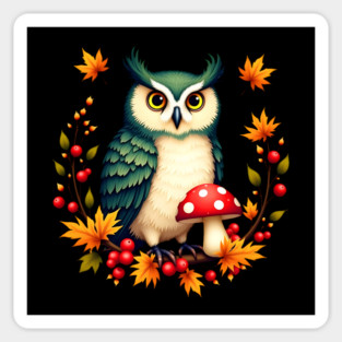 Fall Owl with Mushrooms and Colorful Leaves Sticker