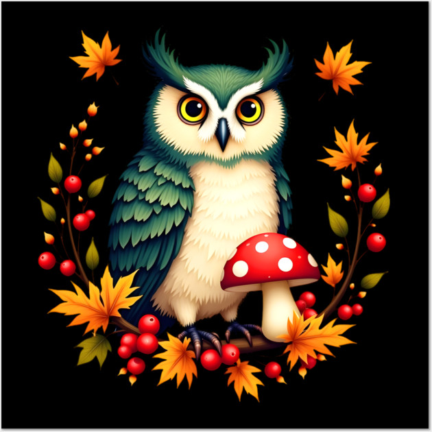 Fall Owl with Mushrooms and Colorful Leaves Wall Art by BirdsnStuff