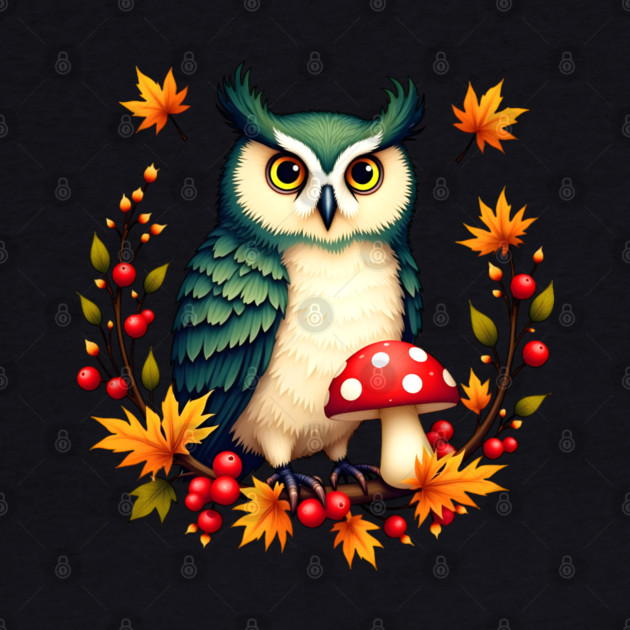 Fall Owl with Mushrooms and Colorful Leaves by BirdsnStuff