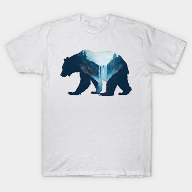 Beautiful Nature  Bear Silhouette with Waterfall Landscape T-Shirt by BirdsnStuff