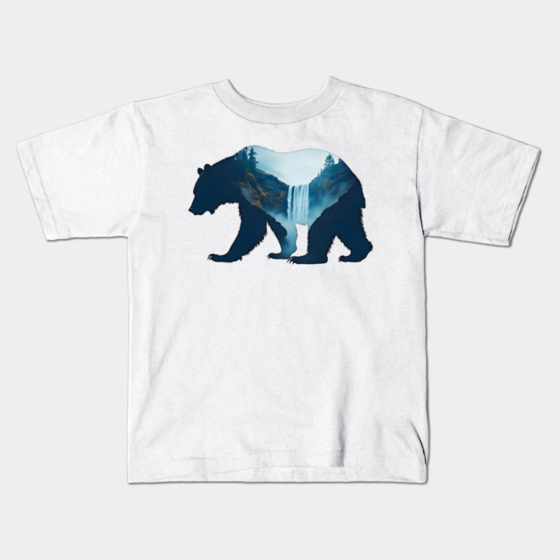 Beautiful Nature  Bear Silhouette with Waterfall Landscape Kids T-Shirt by BirdsnStuff