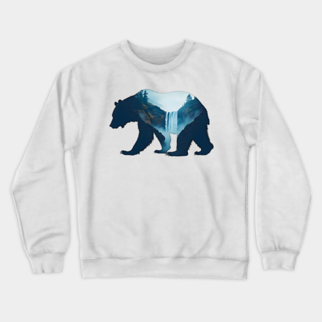 Beautiful Nature  Bear Silhouette with Waterfall Landscape Crewneck Sweatshirt by BirdsnStuff