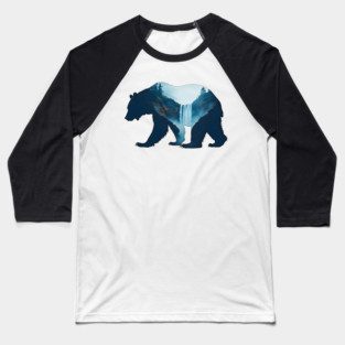 Beautiful Nature  Bear Silhouette with Waterfall Landscape Baseball T-Shirt
