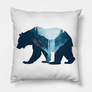Beautiful Nature  Bear Silhouette with Waterfall Landscape Pillow