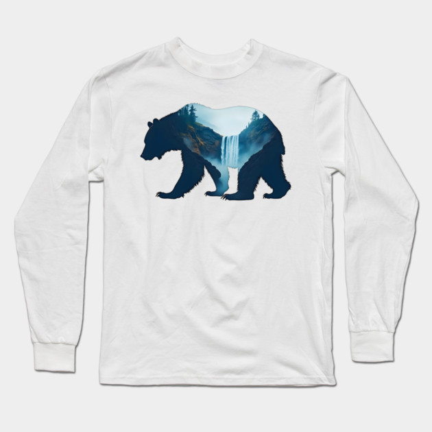 Beautiful Nature  Bear Silhouette with Waterfall Landscape Long Sleeve T-Shirt by BirdsnStuff
