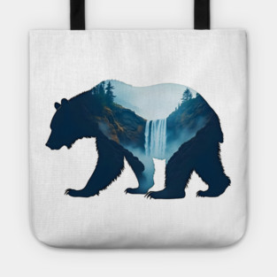 Beautiful Nature  Bear Silhouette with Waterfall Landscape Tote