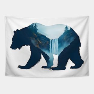 Beautiful Nature  Bear Silhouette with Waterfall Landscape Tapestry