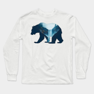 Beautiful Nature  Bear Silhouette with Waterfall Landscape Long Sleeve T-Shirt
