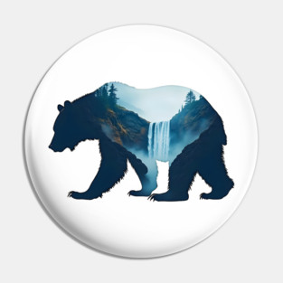 Beautiful Nature  Bear Silhouette with Waterfall Landscape Pin
