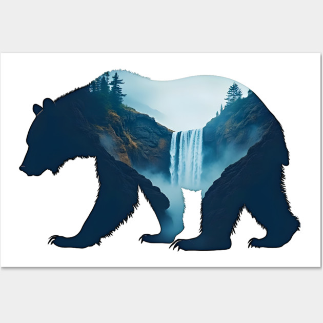 Beautiful Nature  Bear Silhouette with Waterfall Landscape Wall Art by BirdsnStuff
