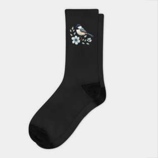 Carolina Chickadee Bird with Blue Flowers Socks