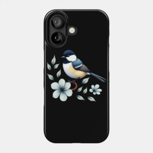 Carolina Chickadee Bird with Blue Flowers Phone Case