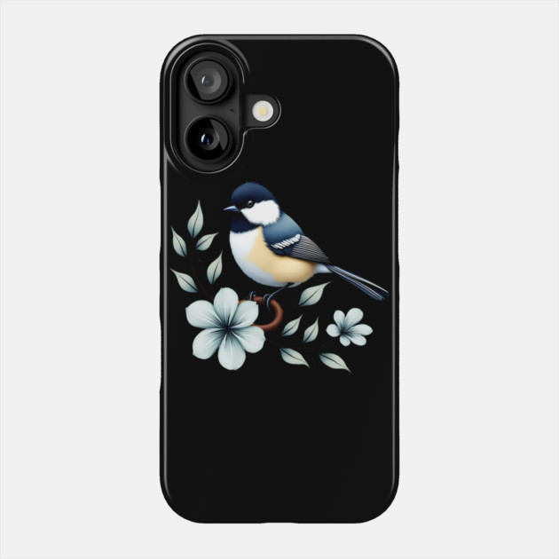 Carolina Chickadee Bird with Blue Flowers Phone Case by BirdsnStuff