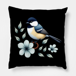 Carolina Chickadee Bird with Blue Flowers Pillow