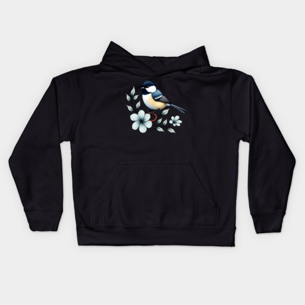 Carolina Chickadee Bird with Blue Flowers Kids Hoodie by BirdsnStuff