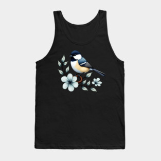 Carolina Chickadee Bird with Blue Flowers Tank Top