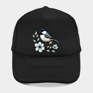 Carolina Chickadee Bird with Blue Flowers Hat