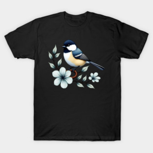 Carolina Chickadee Bird with Blue Flowers T-Shirt