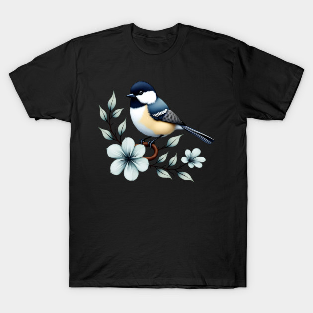 Carolina Chickadee Bird with Blue Flowers T-Shirt by BirdsnStuff