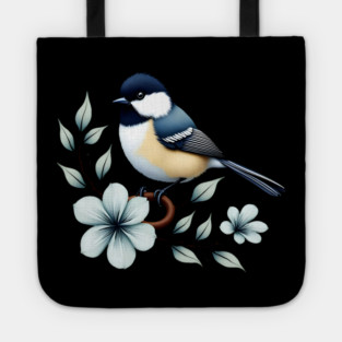Carolina Chickadee Bird with Blue Flowers Tote