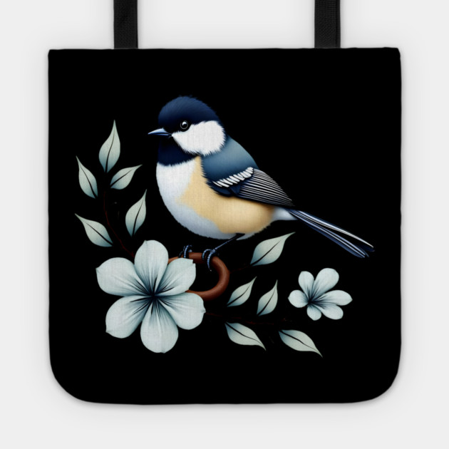 Carolina Chickadee Bird with Blue Flowers Tote by BirdsnStuff