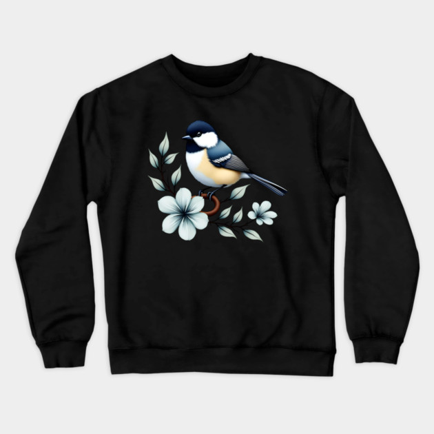 Carolina Chickadee Bird with Blue Flowers Crewneck Sweatshirt by BirdsnStuff