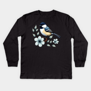 Carolina Chickadee Bird with Blue Flowers Kids Long Sleeve T-Shirt