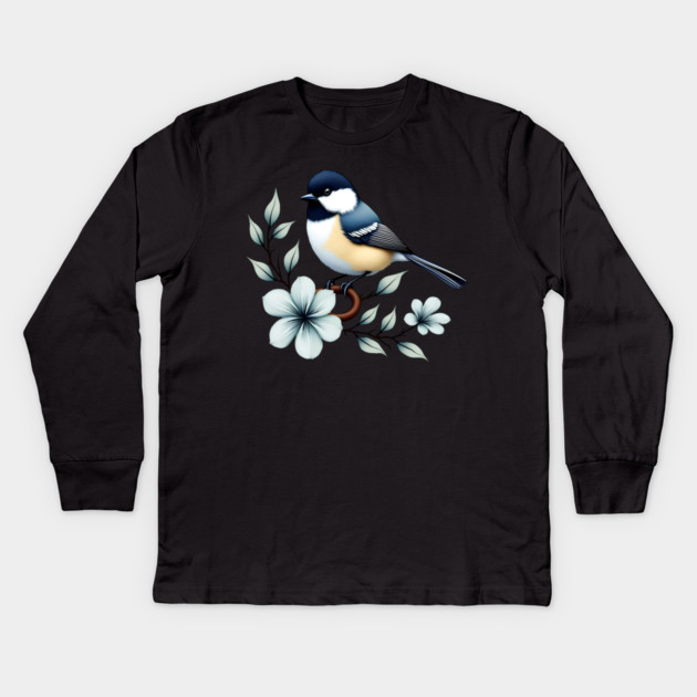 Carolina Chickadee Bird with Blue Flowers Kids Long Sleeve T-Shirt by BirdsnStuff