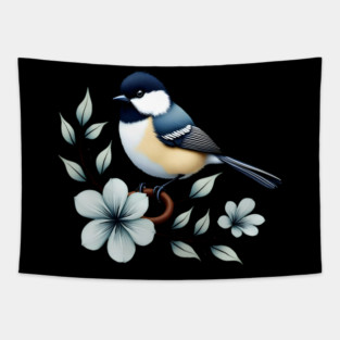 Carolina Chickadee Bird with Blue Flowers Tapestry