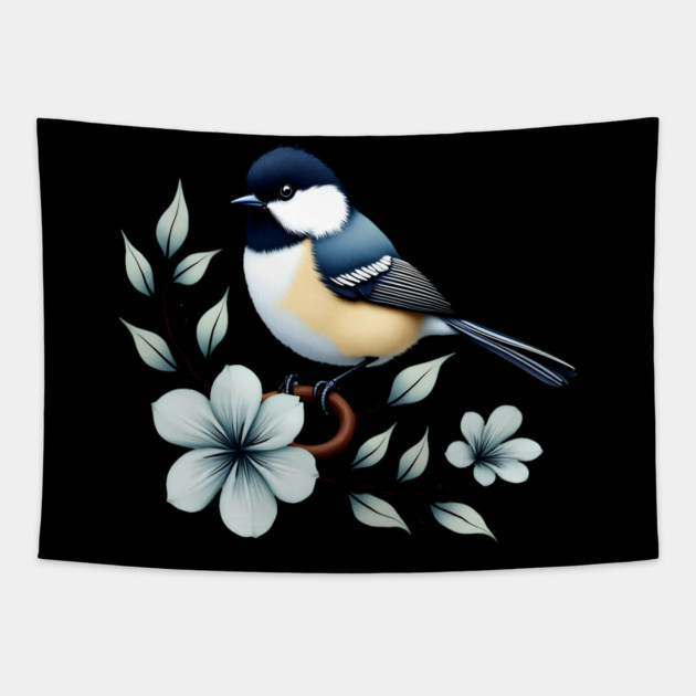 Carolina Chickadee Bird with Blue Flowers Tapestry by BirdsnStuff
