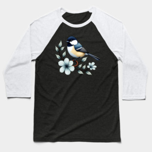 Carolina Chickadee Bird with Blue Flowers Baseball T-Shirt