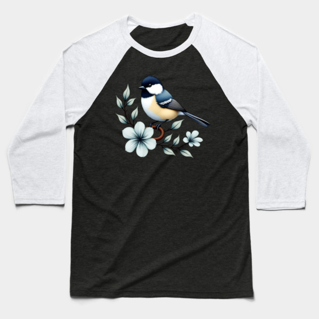 Carolina Chickadee Bird with Blue Flowers Baseball T-Shirt by BirdsnStuff