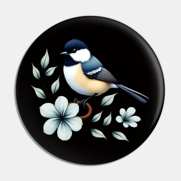 Carolina Chickadee Bird with Blue Flowers Pin by BirdsnStuff