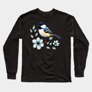 Carolina Chickadee Bird with Blue Flowers Long Sleeve T-Shirt