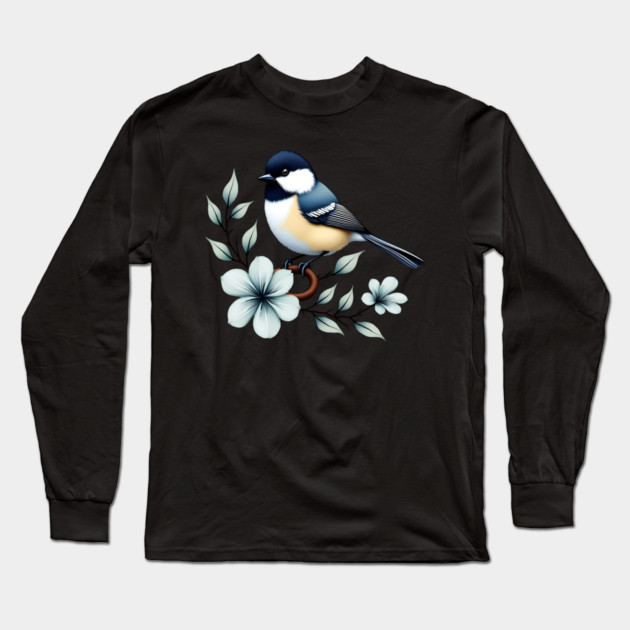 Carolina Chickadee Bird with Blue Flowers Long Sleeve T-Shirt by BirdsnStuff