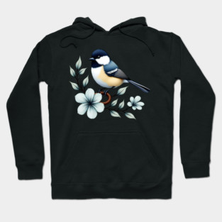 Carolina Chickadee Bird with Blue Flowers Hoodie