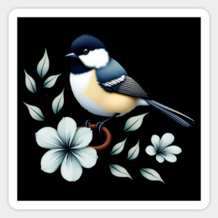 Carolina Chickadee Bird with Blue Flowers Magnet