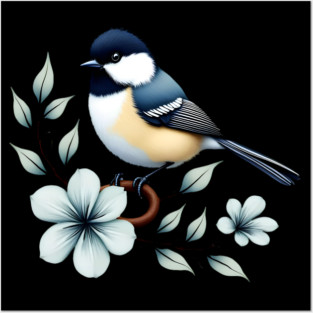 Carolina Chickadee Bird with Blue Flowers Posters and Art
