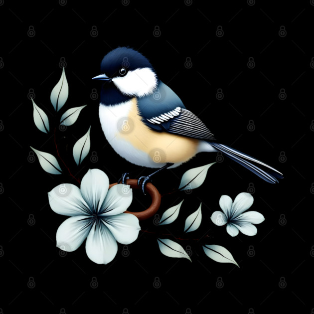 Carolina Chickadee Bird with Blue Flowers by BirdsnStuff