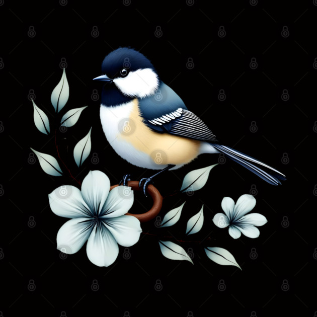 Carolina Chickadee Bird with Blue Flowers by BirdsnStuff