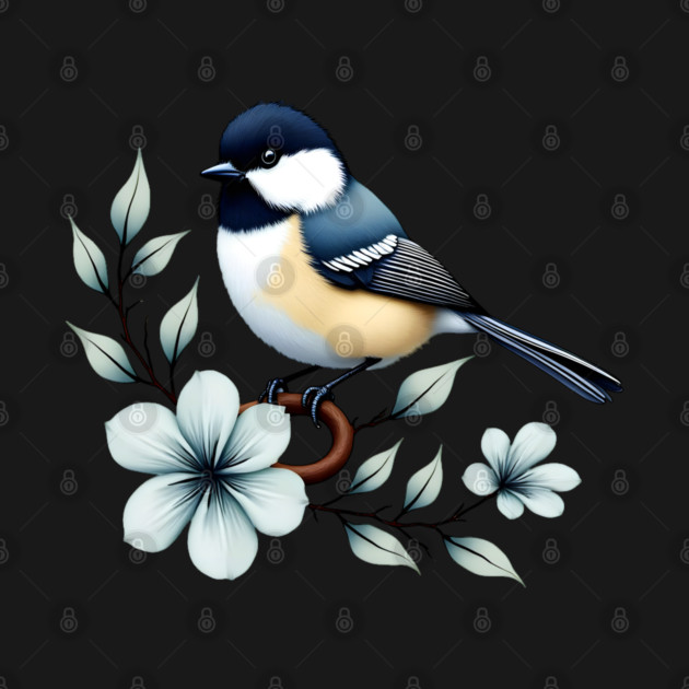 Carolina Chickadee Bird with Blue Flowers by BirdsnStuff