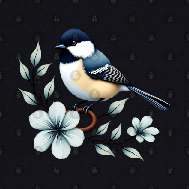 Carolina Chickadee Bird with Blue Flowers by BirdsnStuff