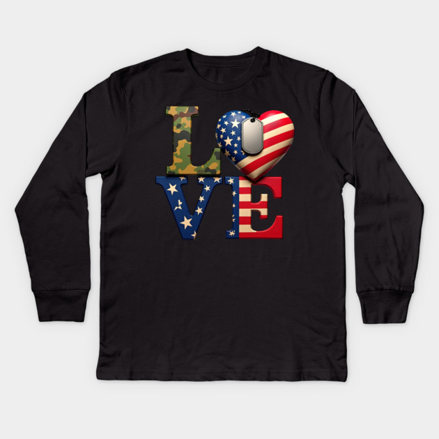 Military-themed LOVE design. Crafted with Camouflage Kids Long Sleeve T-Shirt by BirdsnStuff