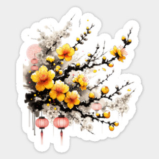 Ink Drawing of Hoa Mai Happy New Year Sticker