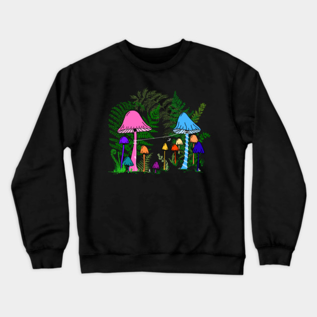 Ziplining Colorful Mushrooms Crewneck Sweatshirt by H. R. Sinclair