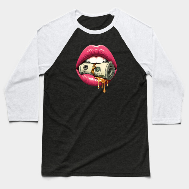 Pink Sexy Lips, Bank Roll, $100 Money Roll Baseball T-Shirt by UrbanLifeApparel