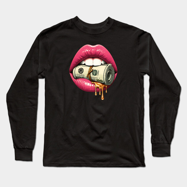 Pink Sexy Lips, Bank Roll, $100 Money Roll Long Sleeve T-Shirt by UrbanLifeApparel